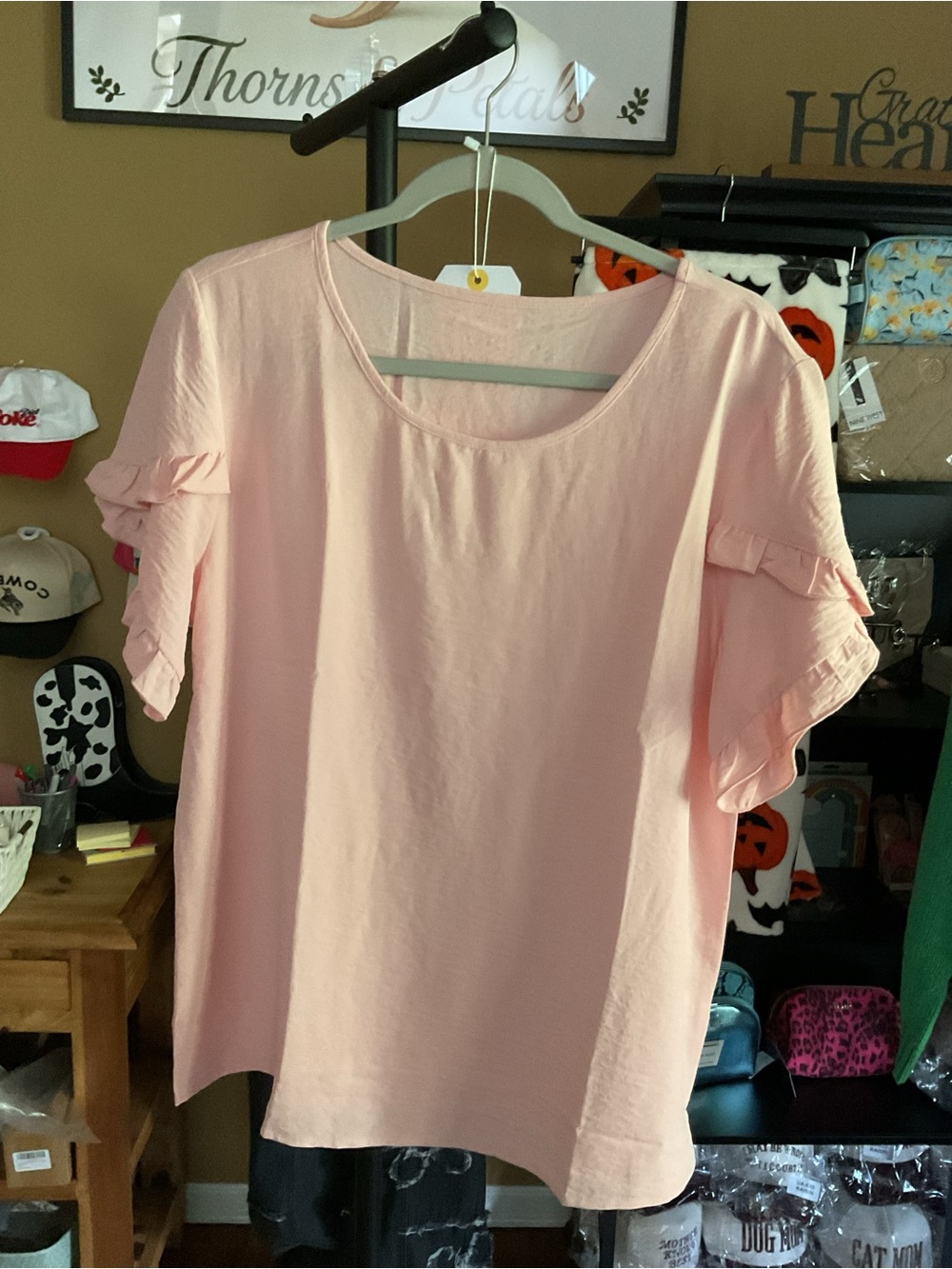 Casual Ruffle-Sleeve Blouse in Soft Pink